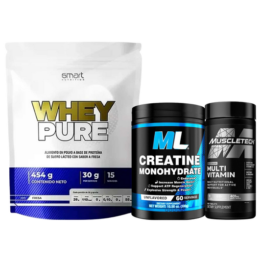 COMBO AUMENTO DE MASA SIN GRASA : Whey Pure 1 LB + Creatina MuscleLean 60 servs + Multivitamin Platinum 90 caps