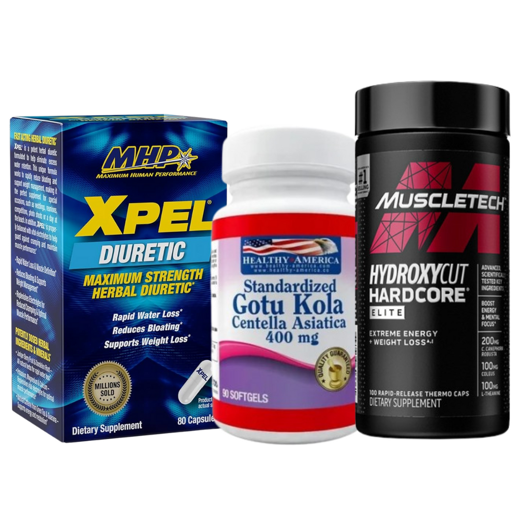 COMBO ANTI-CELULITIS: Xpel diurético 80 caps + Centella Asiática 90 caps + Hydroxycut Hardcore Elite 100 caps