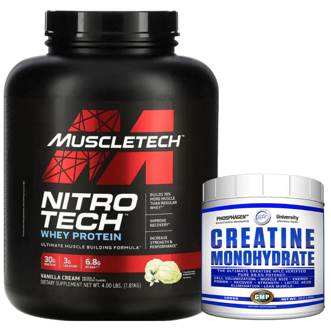 COMBO AUMENTO MASA MUSCULAR MAGRA: NitroTech 4LB + Creatina HTP 80 servs